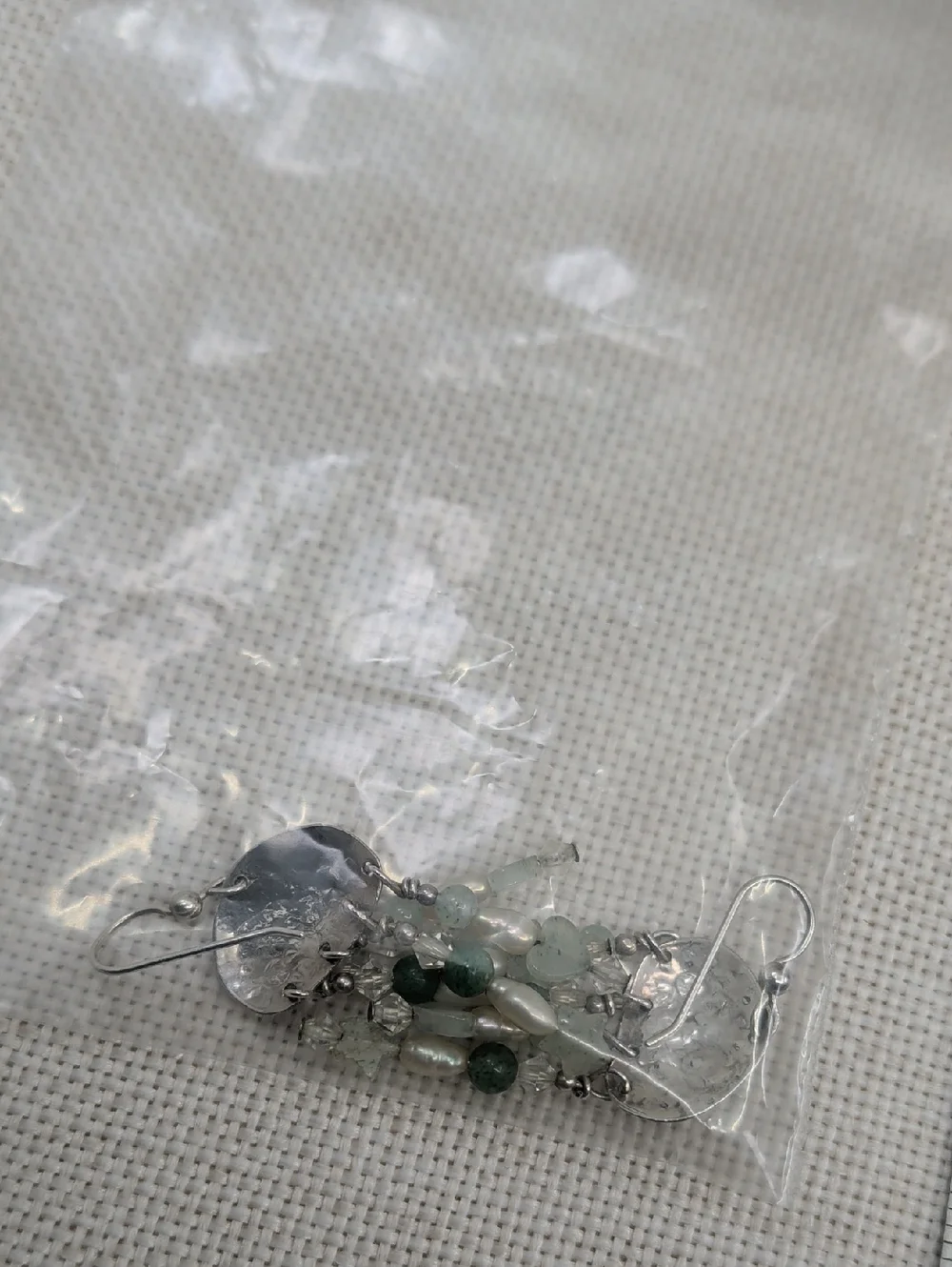 Vintage Hand-Hammered Artisan Silver Green Beaded Chandelier Drop Earrings